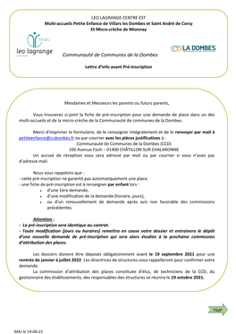 Dossier De Préinscription Villars-Les-Dombes / Saint-André-De-Corcy