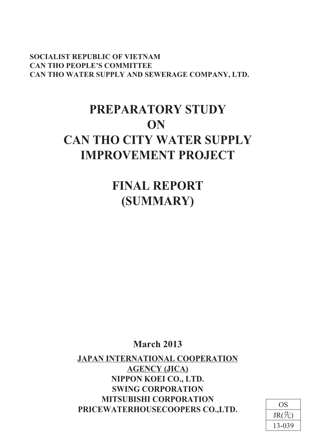 Preparatory Study on Can Tho City Water Supply Improvement Project Final