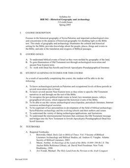 Syllabus for BIB 302—Historical Geography and Archaeology 3.0 Credit Hours Spring 2005