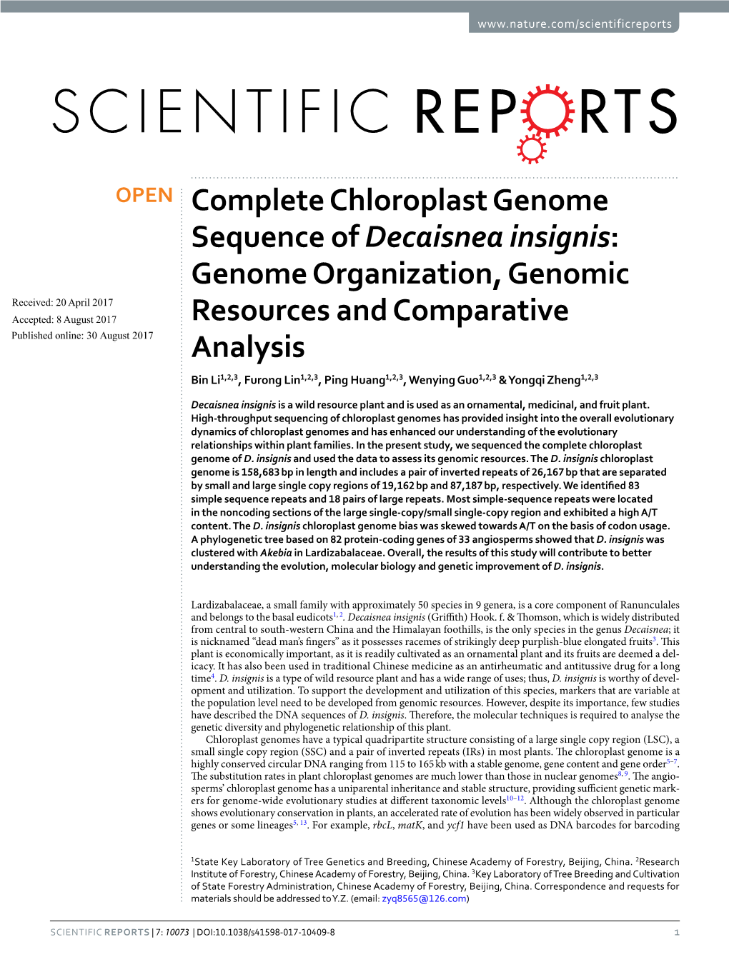 Complete Chloroplast Genome Sequence of Decaisnea Insignis