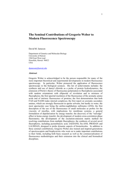 The Seminal Contributions of Gregorio Weber to Modern Fluorescence Spectroscopy