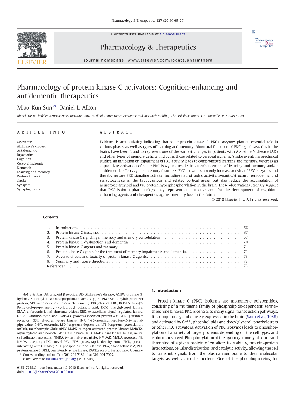 Pharmacology of Protein Kinase C Activators: Cognition-Enhancing and Antidementic Therapeutics