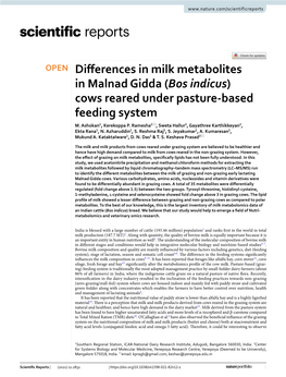 Differences in Milk Metabolites in Malnad Gidda (Bos Indicus)