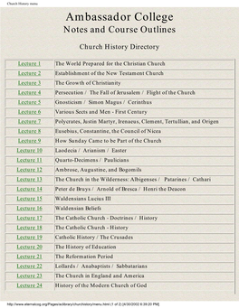 Church History Menu Ambassador College Notes and Course Outlines