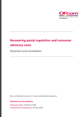 Recovering Postal Regulation and Consumer Advocacy Costs