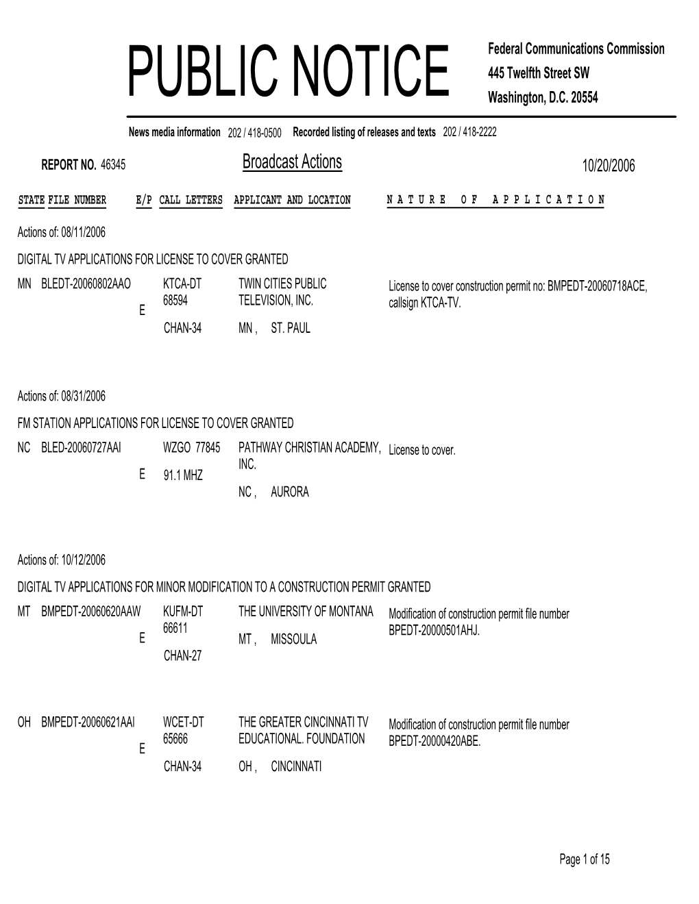 Broadcast Actions 10/20/2006