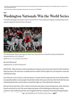 Washington Nationals Win the World Series the Nationals Began the Season with a Record of 19-31