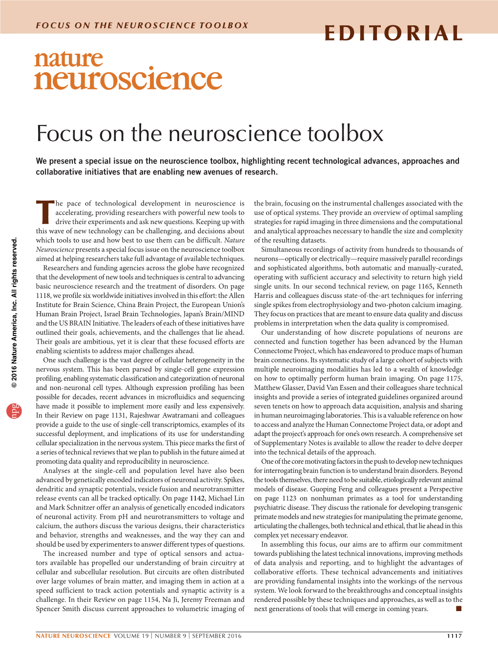 Focus on the Neuroscience Toolbox Editorial