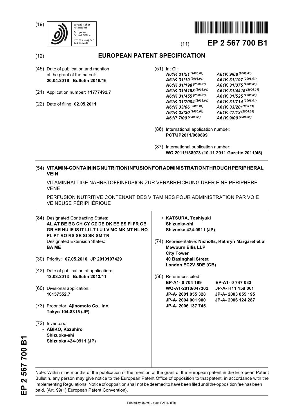 Vitamin-Containing Nutrition Infusion for Administration Through Peripheral Vein