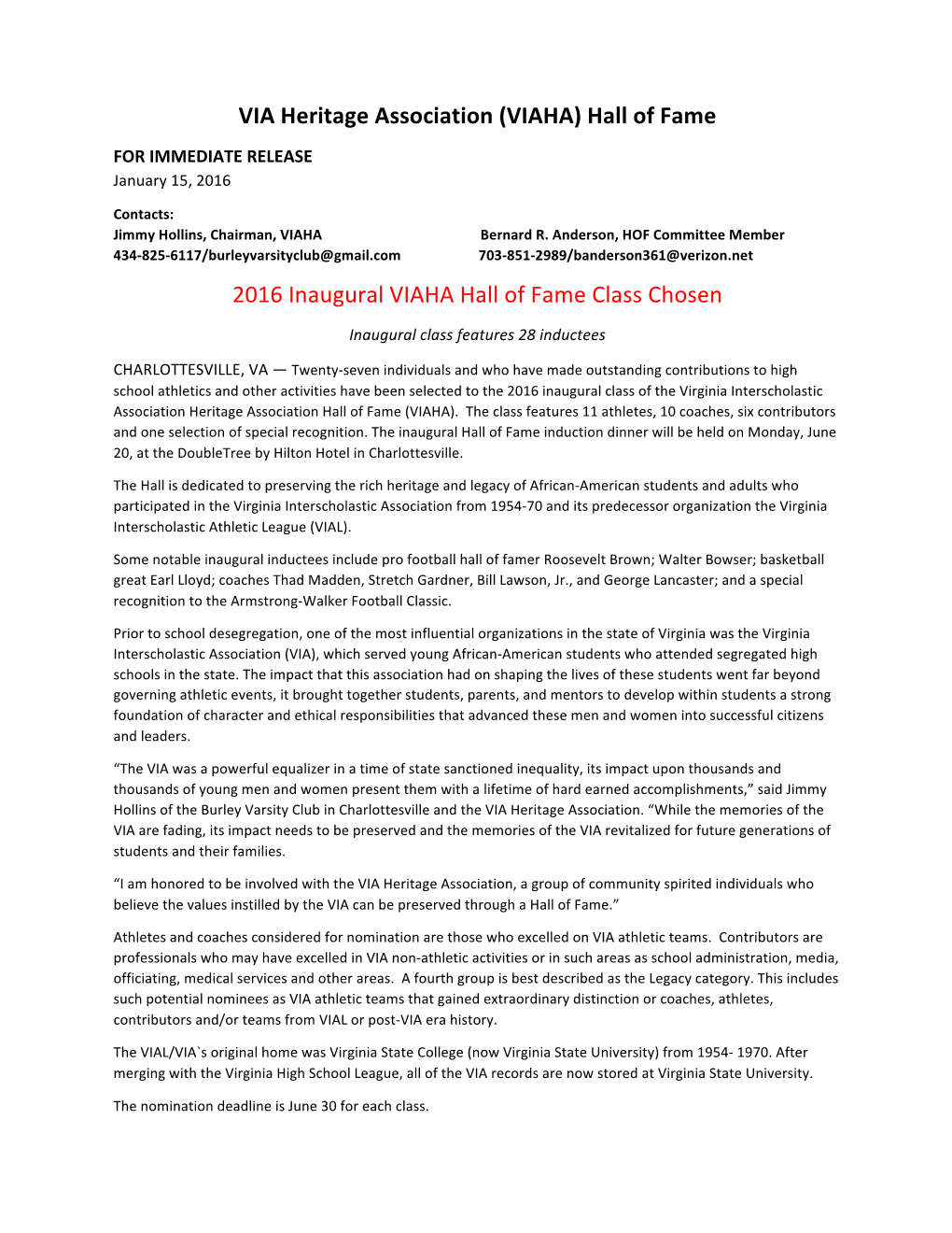 VIAHA) Hall of Fame for IMMEDIATE RELEASE January 15, 2016
