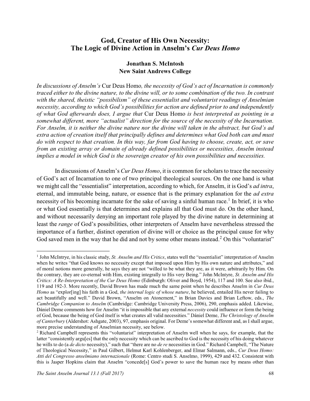 God, Creator of His Own Necessity: the Logic of Divine Action in Anselm’S Cur Deus Homo