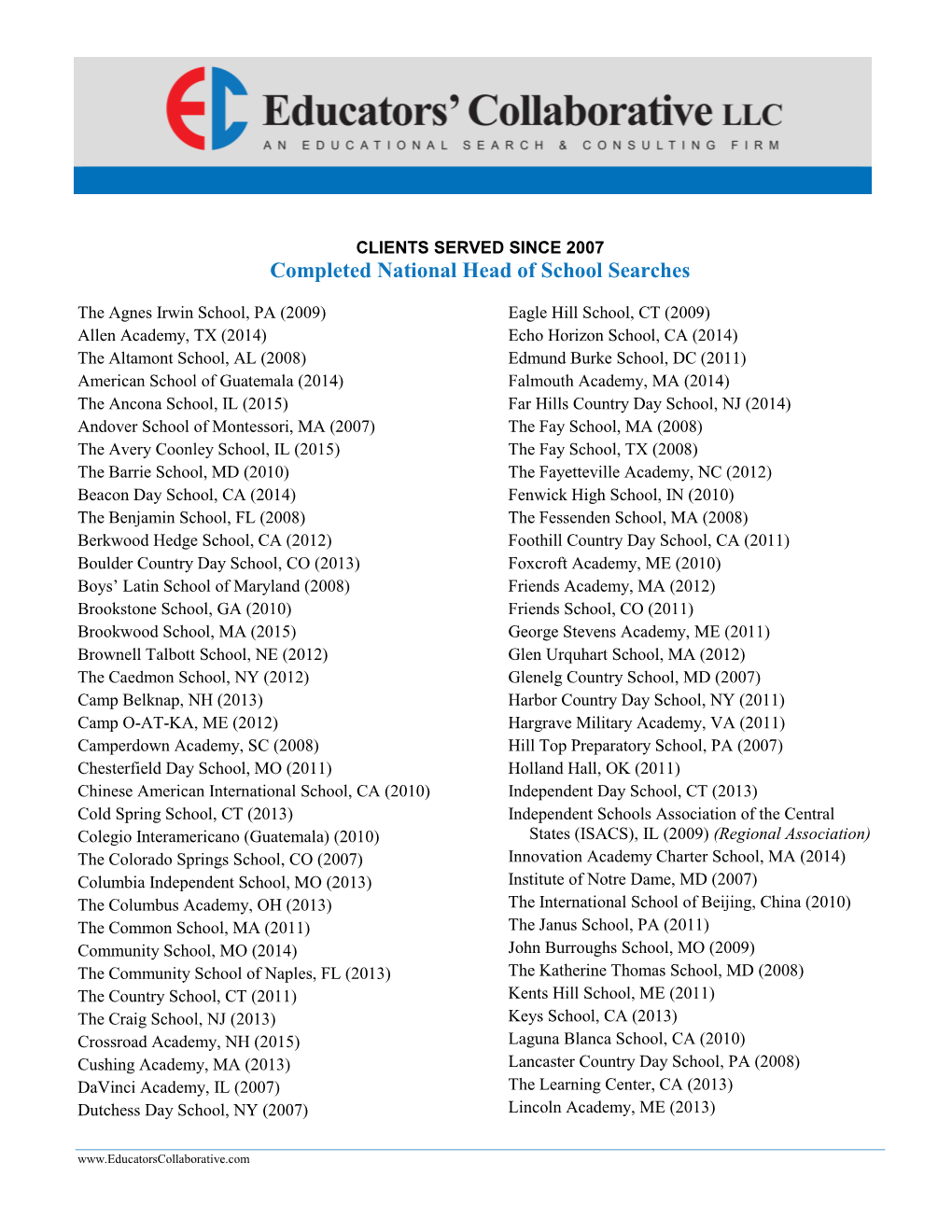 Completed National Head of School Searches