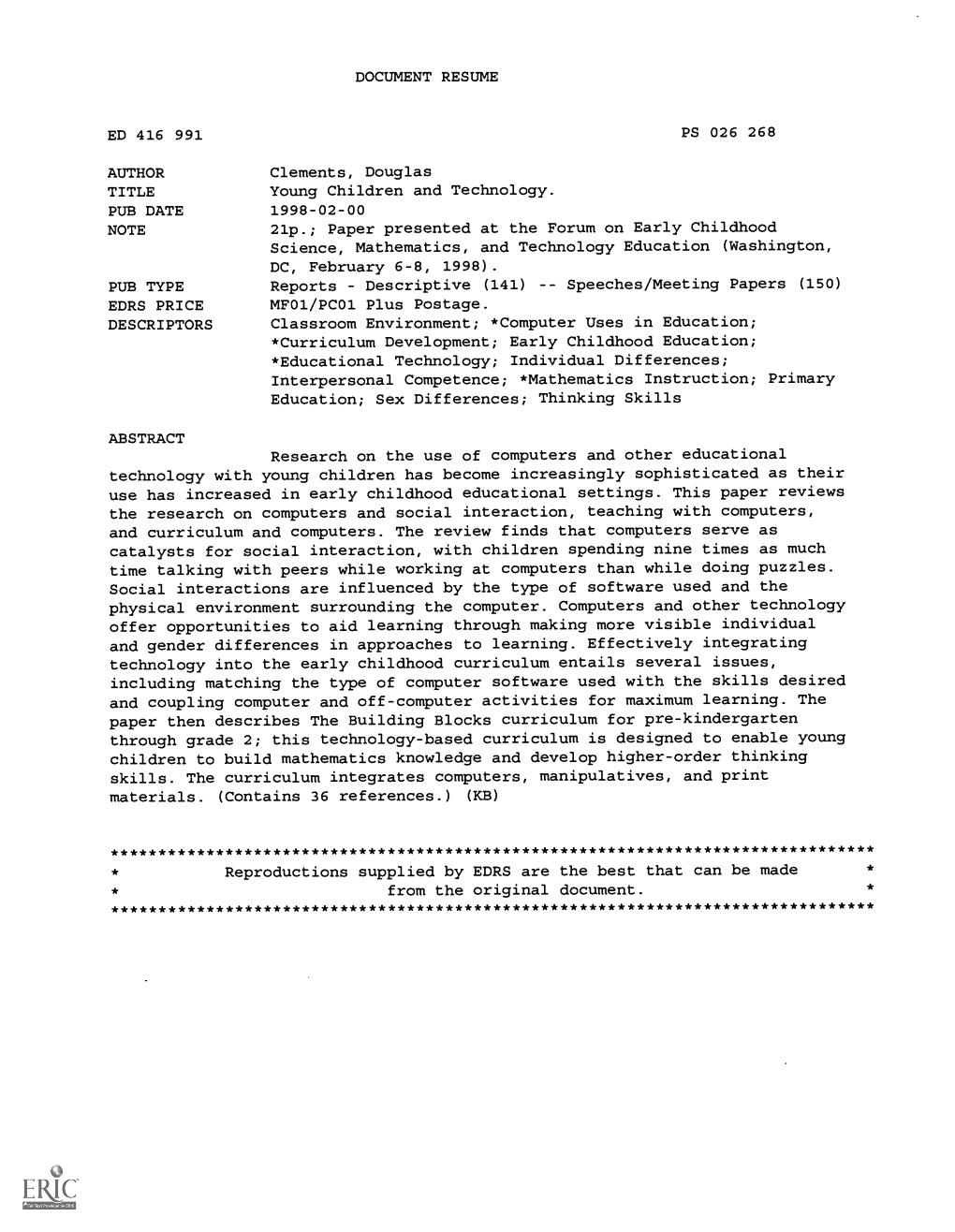 DOCUMENT RESUME ED 416 991 AUTHOR Clements, Douglas 21P