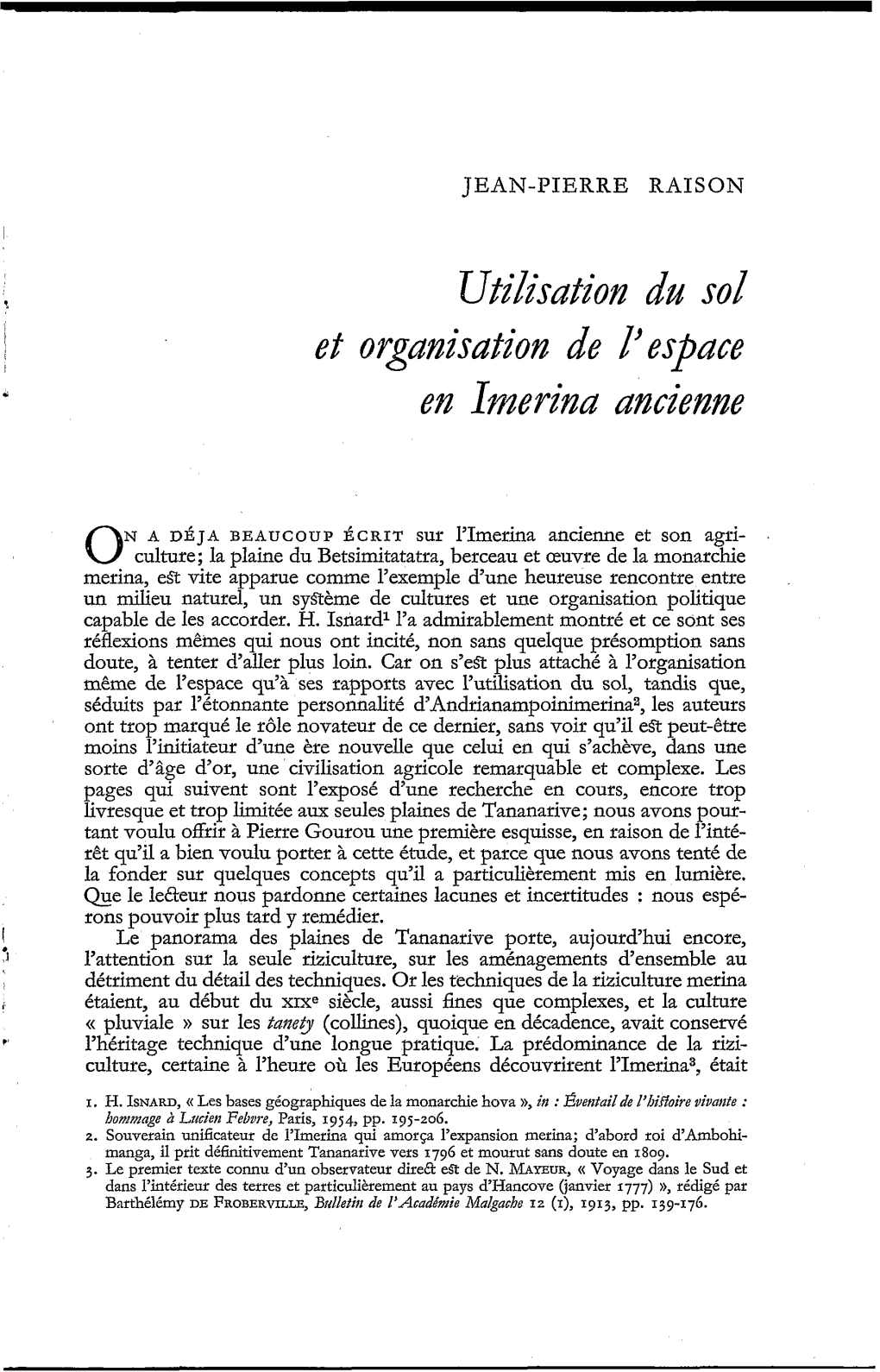 Utilisation Du Sol Et Organisation De L'espace En Imerina Ancienne