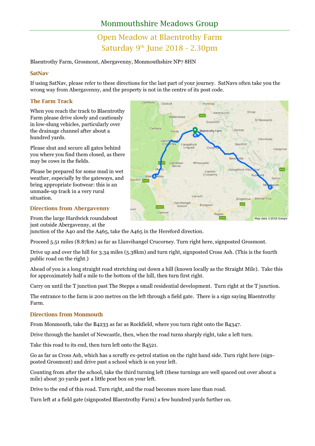 To Blaentrothy Farm Please Drive Slowly and Cautiously in Low-Slung Vehicles, Particularly Over the Drainage Channel After About a Hundred Yards