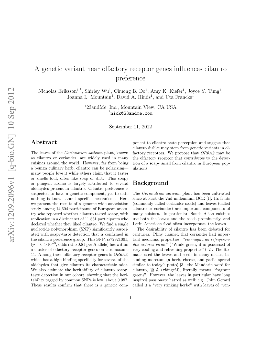 A Genetic Variant Near Olfactory Receptor Genes Influences Cilantro Preference