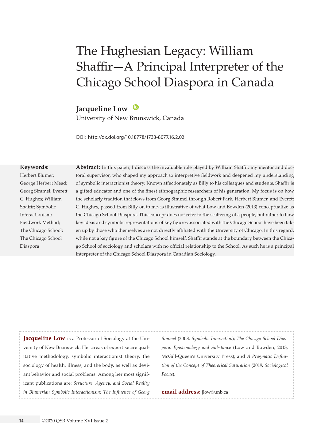 The Hughesian Legacy: William Shaffir—A Principal Interpreter of the Chicago School Diaspora in Canada