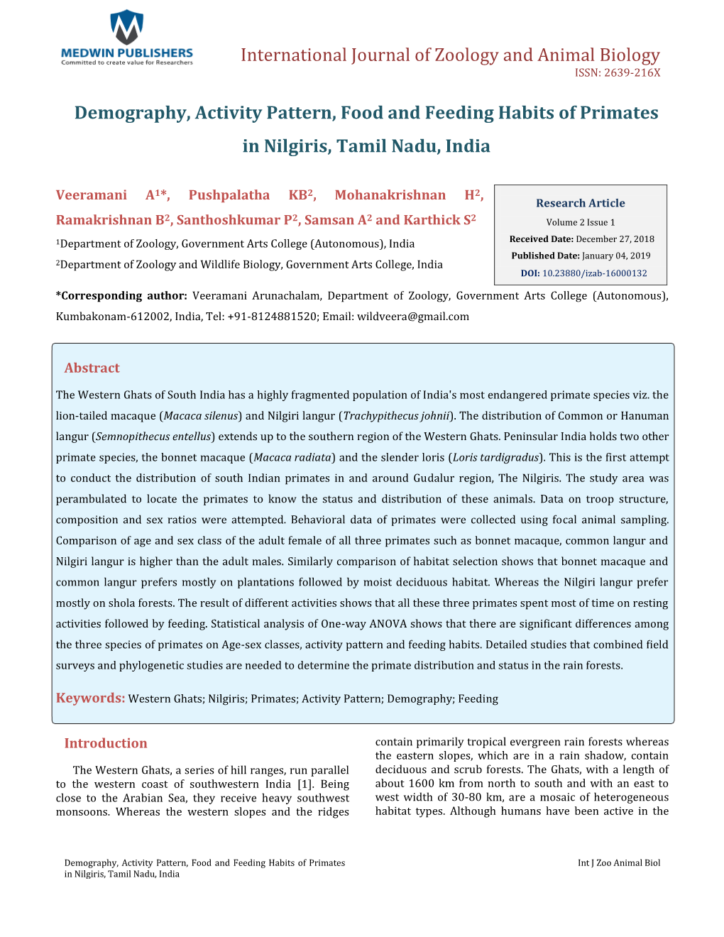 Veeramani A, Et Al. Demography, Activity Pattern, Food and Feeding Habits of Primates in Nilgiris, Tamil Nadu, India. Int J