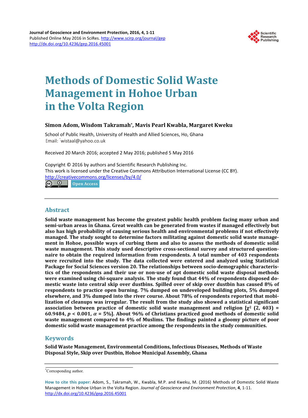 Methods of Domestic Solid Waste Management in Hohoe Urban in the Volta Region