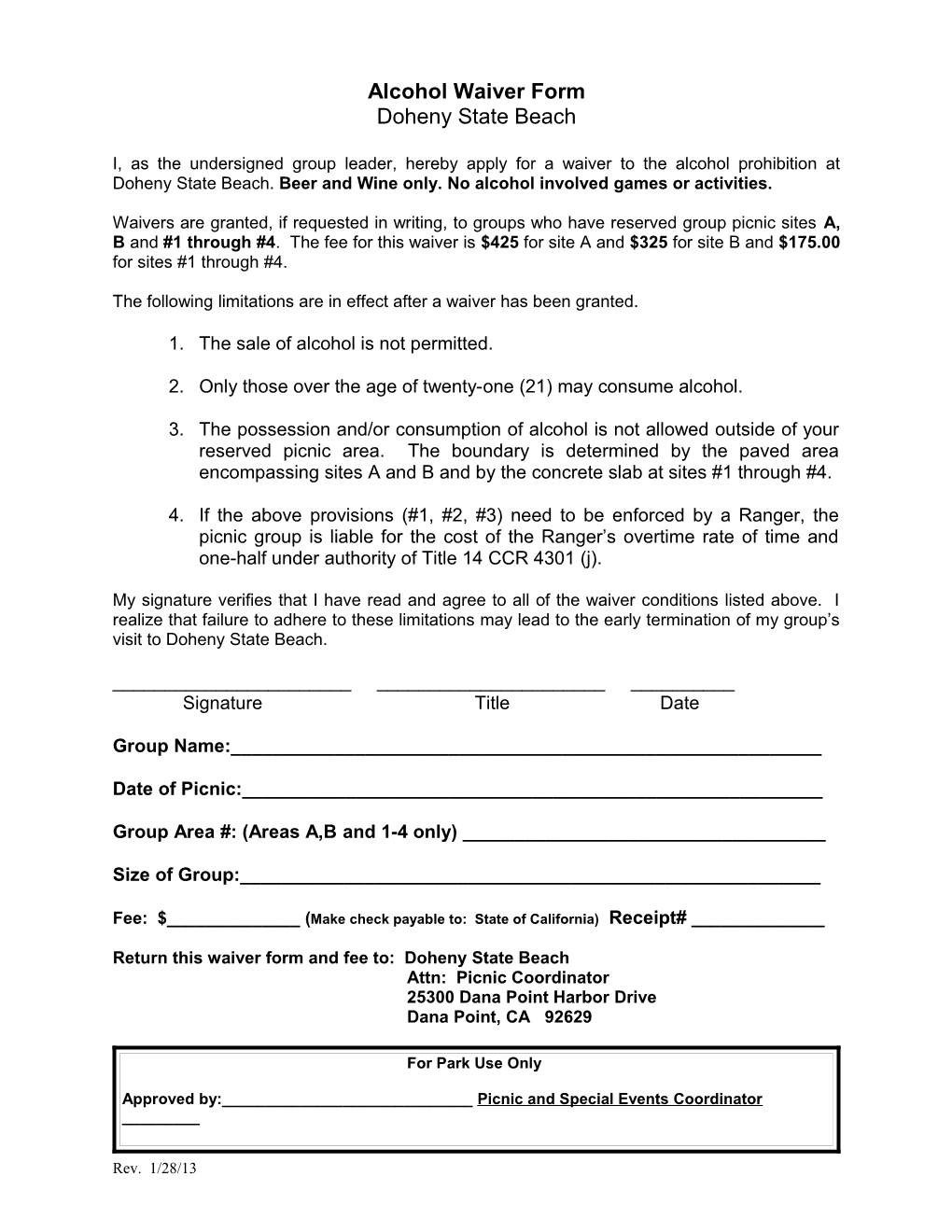Alcohol Waiver Form