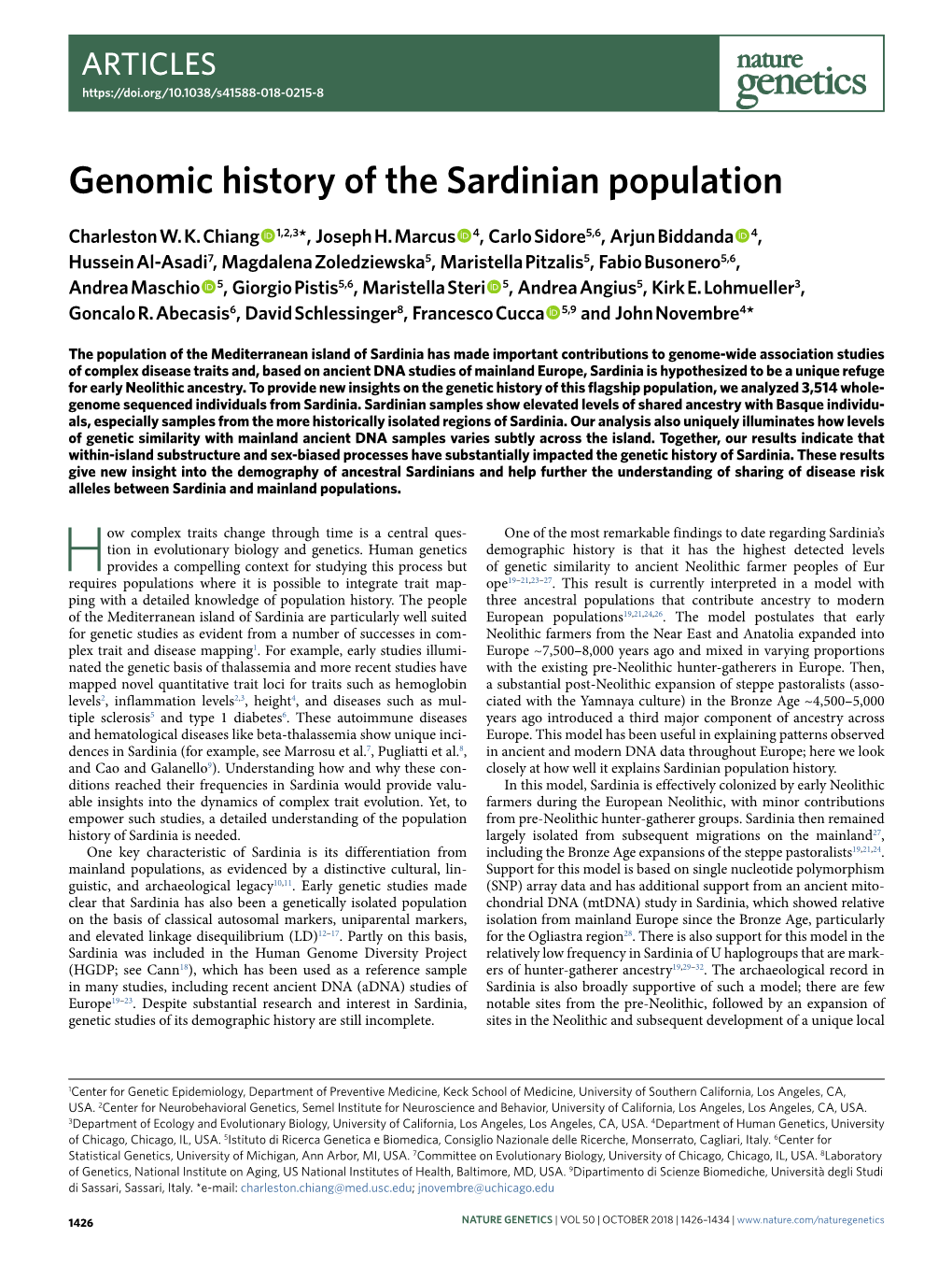 Genomic History of the Sardinian Population