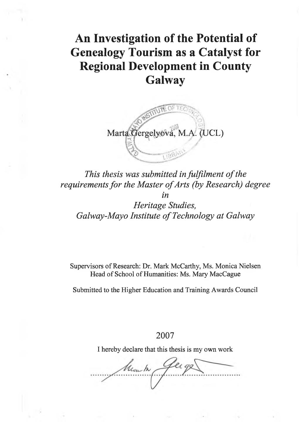 An Investigation of the Potential of Genealogy Tourism As a Catalyst for Regional Development in County Galway