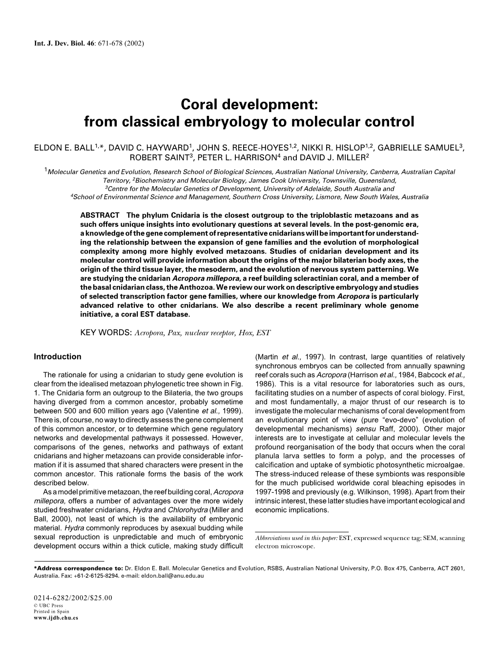 Coral Development: from Classical Embryology to Molecular Control