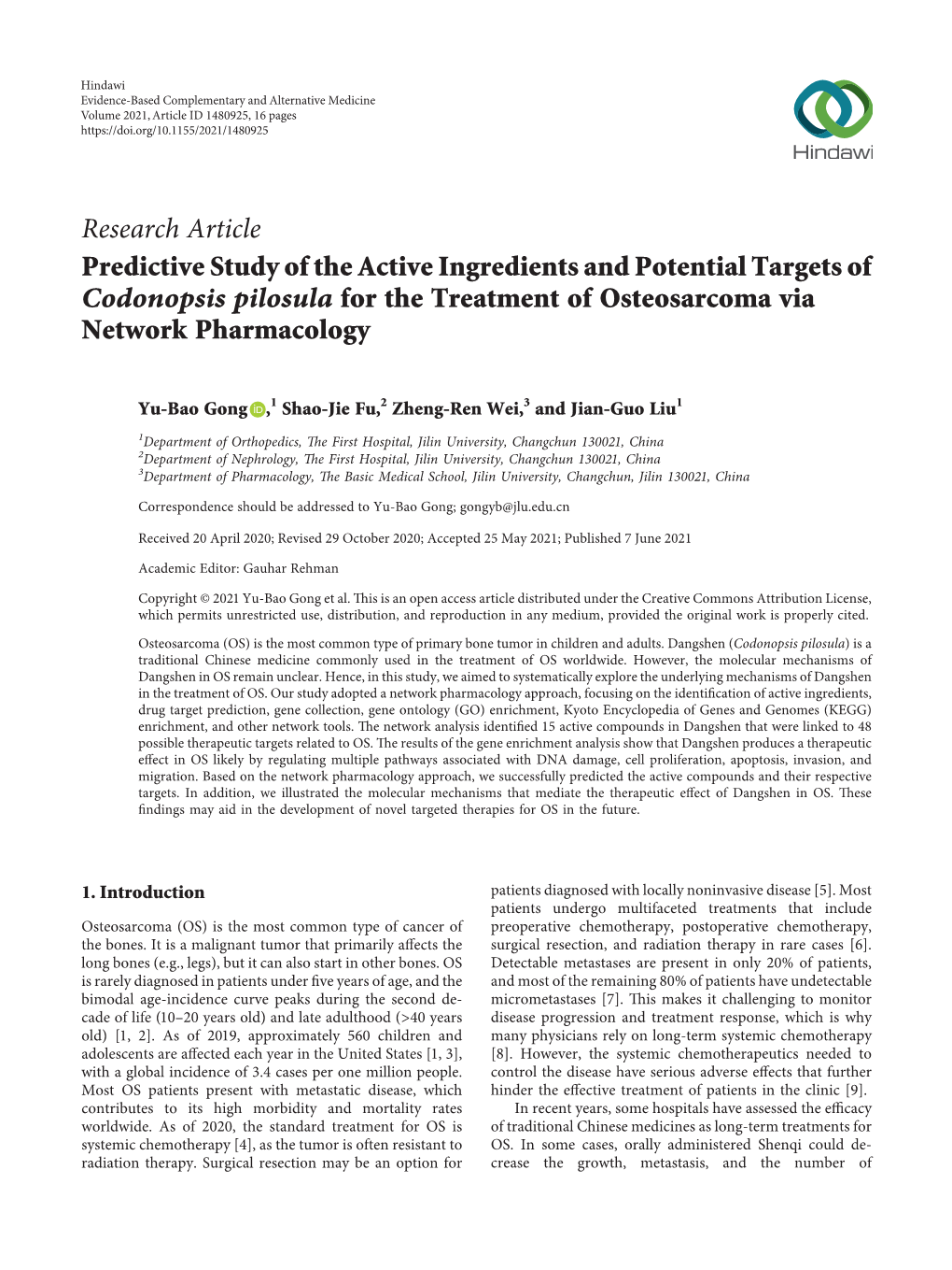 Predictive Study of the Active Ingredients and Potential Targets of Codonopsis Pilosula for the Treatment of Osteosarcoma Via Network Pharmacology