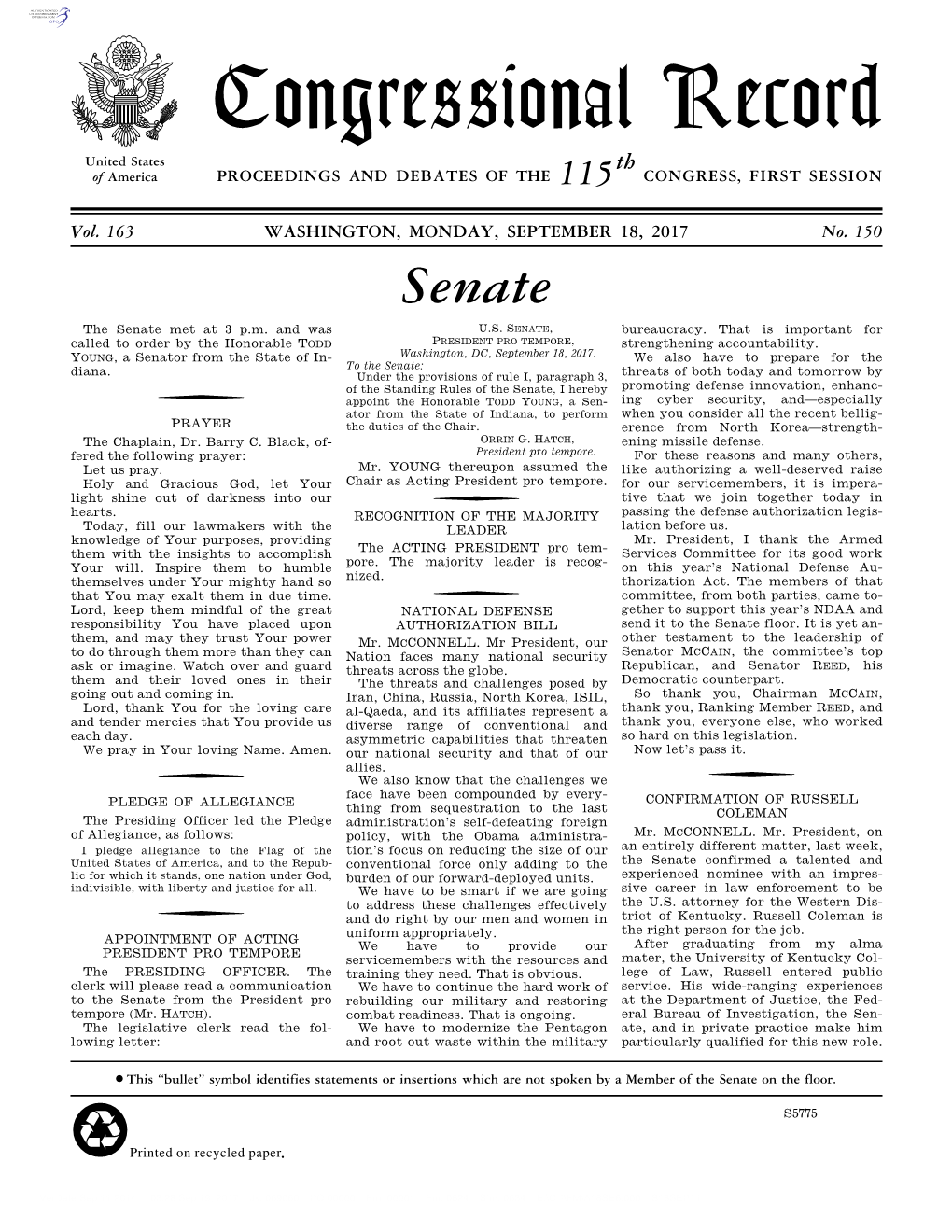 Congressional Record United States Th of America PROCEEDINGS and DEBATES of the 115 CONGRESS, FIRST SESSION