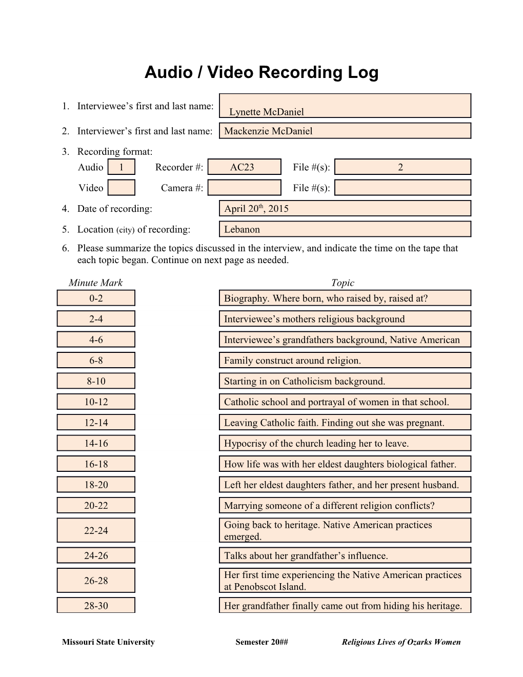 Audio / Video Recording Log s4