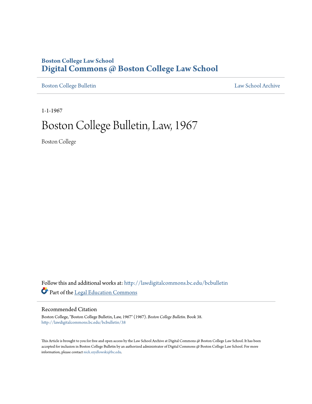 Boston College Bulletin, Law, 1967 Boston College