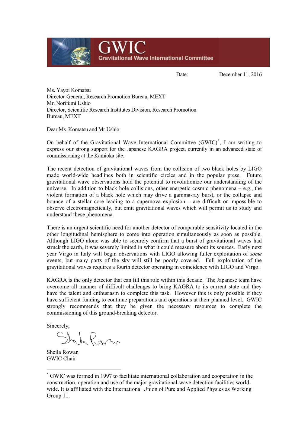 Letter of Support for KAGRA Operations