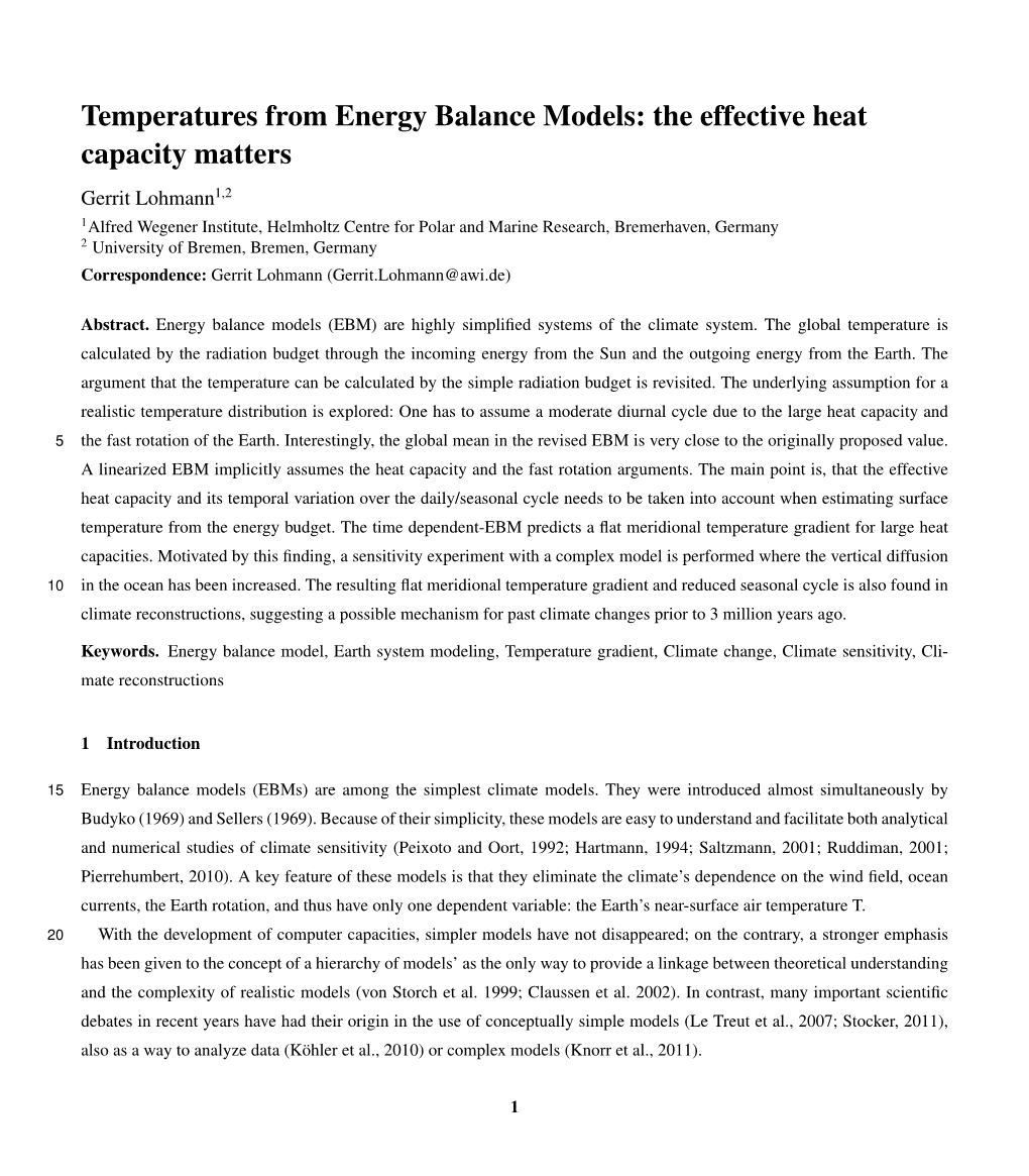 Temperatures from Energy Balance Models: the Effective Heat Capacity