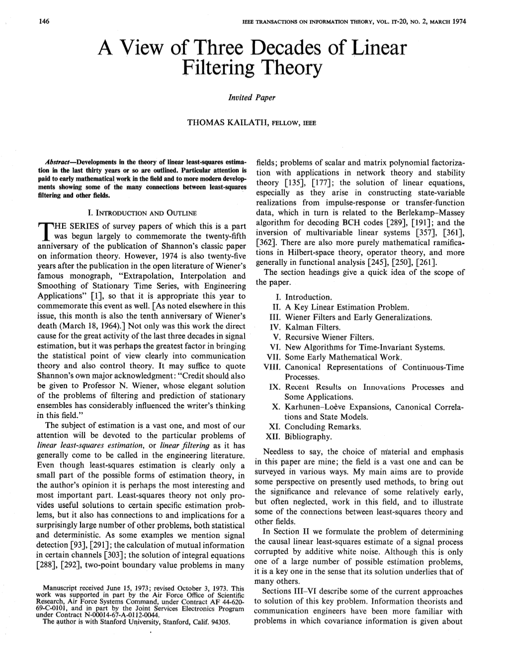 A View of Three Decades of Linear Filtering Theory