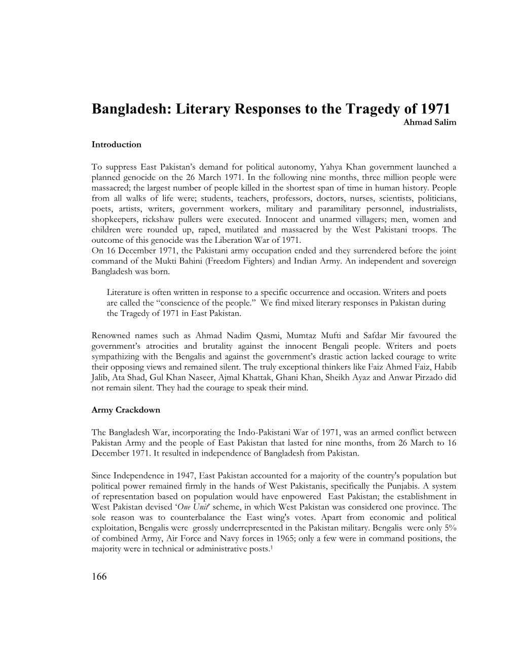 Bangladesh: Literary Responses to the Tragedy of 1971 Ahmad Salim