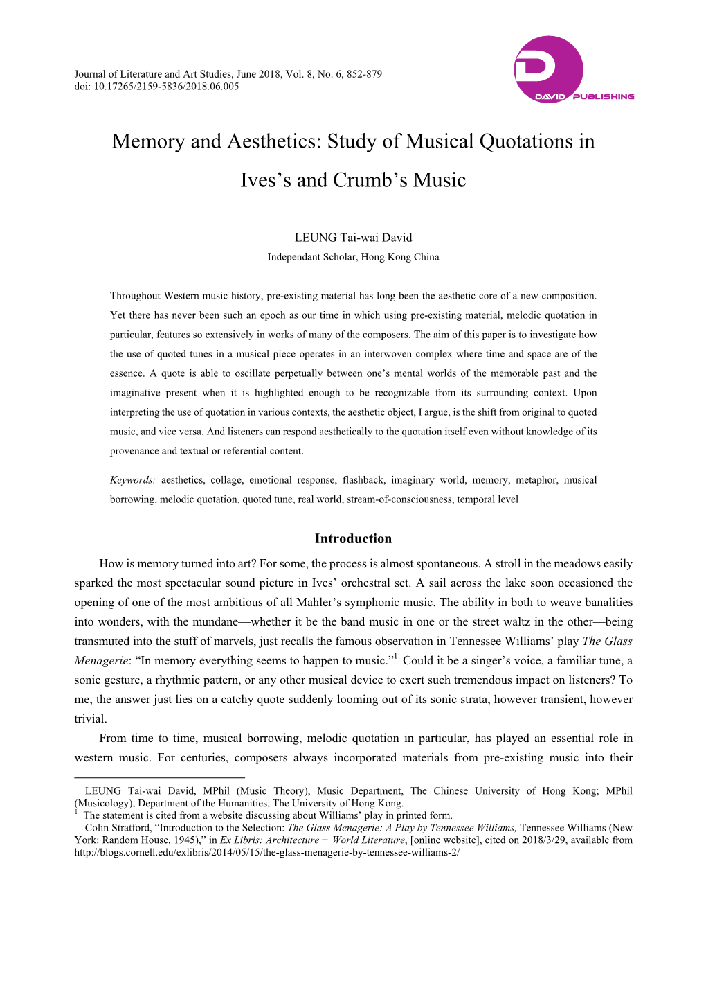 Memory and Aesthetics: Study of Musical Quotations in Ives's and Crumb's Music