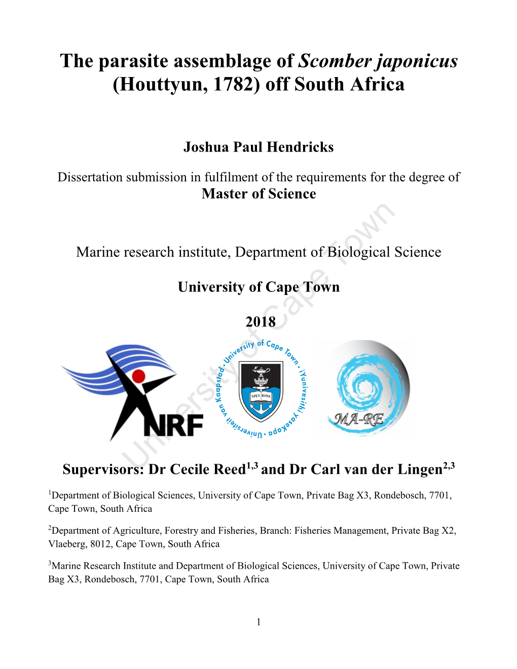 The Parasite Assemblage of Scomber Japonicus (Houttyun, 1782) Off South Africa