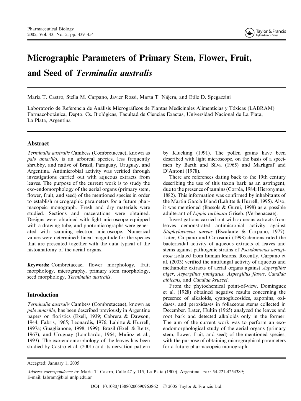 Micrographic Parameters of Primary Stem, Flower, Fruit, and Seed of Terminalia Australis