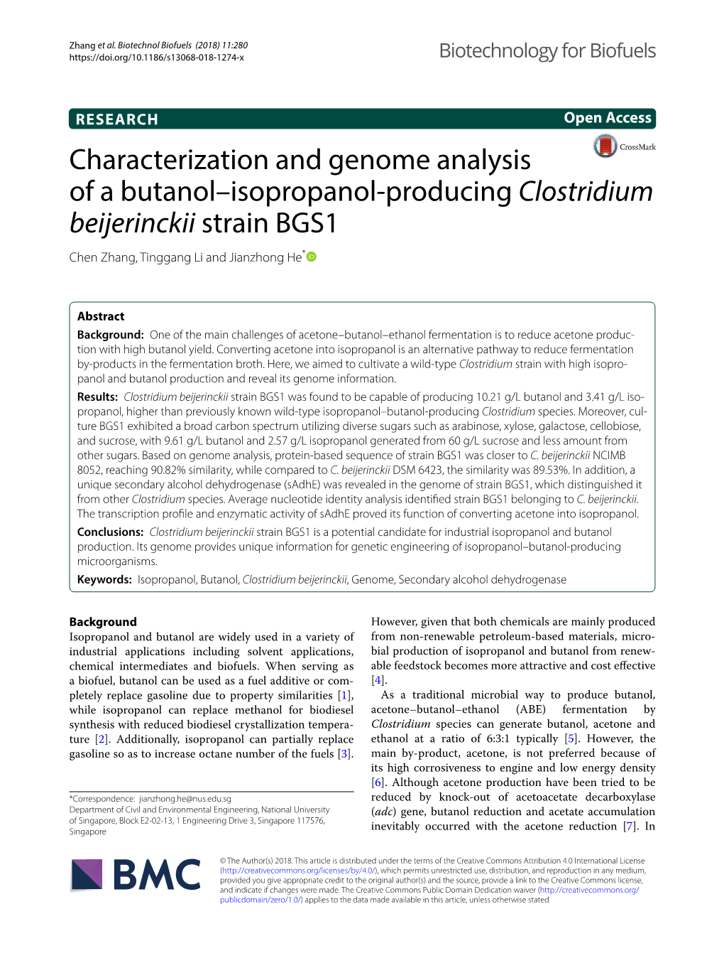 Clostridium Beijerinckii Strain BGS1 Chen Zhang, Tinggang Li and Jianzhong He*