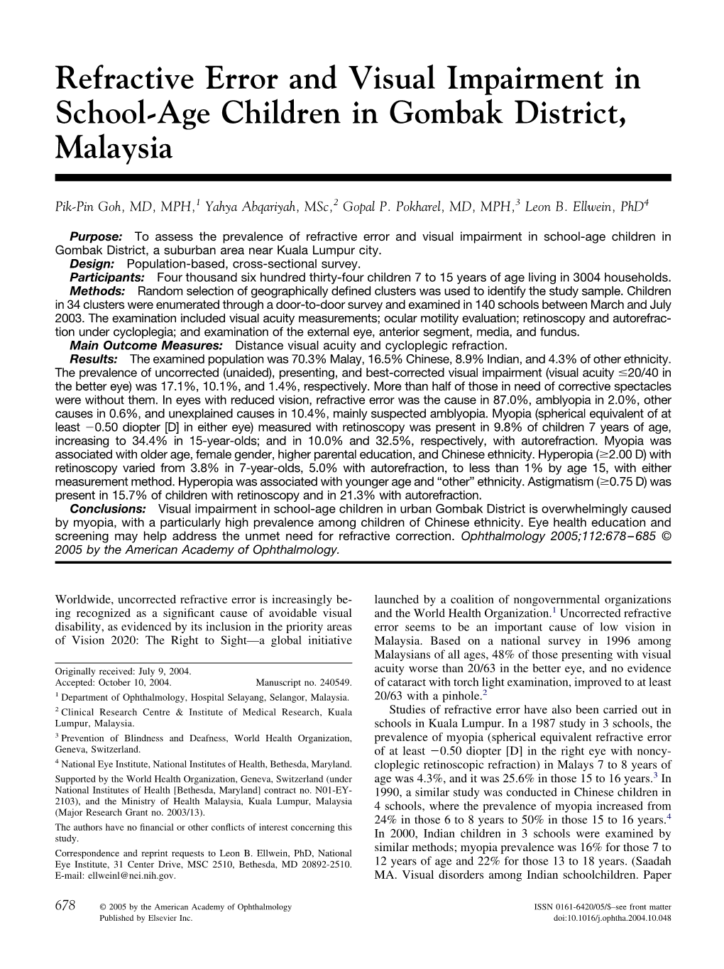 Refractive Error and Visual Impairment in School-Age Children in Gombak District, Malaysia