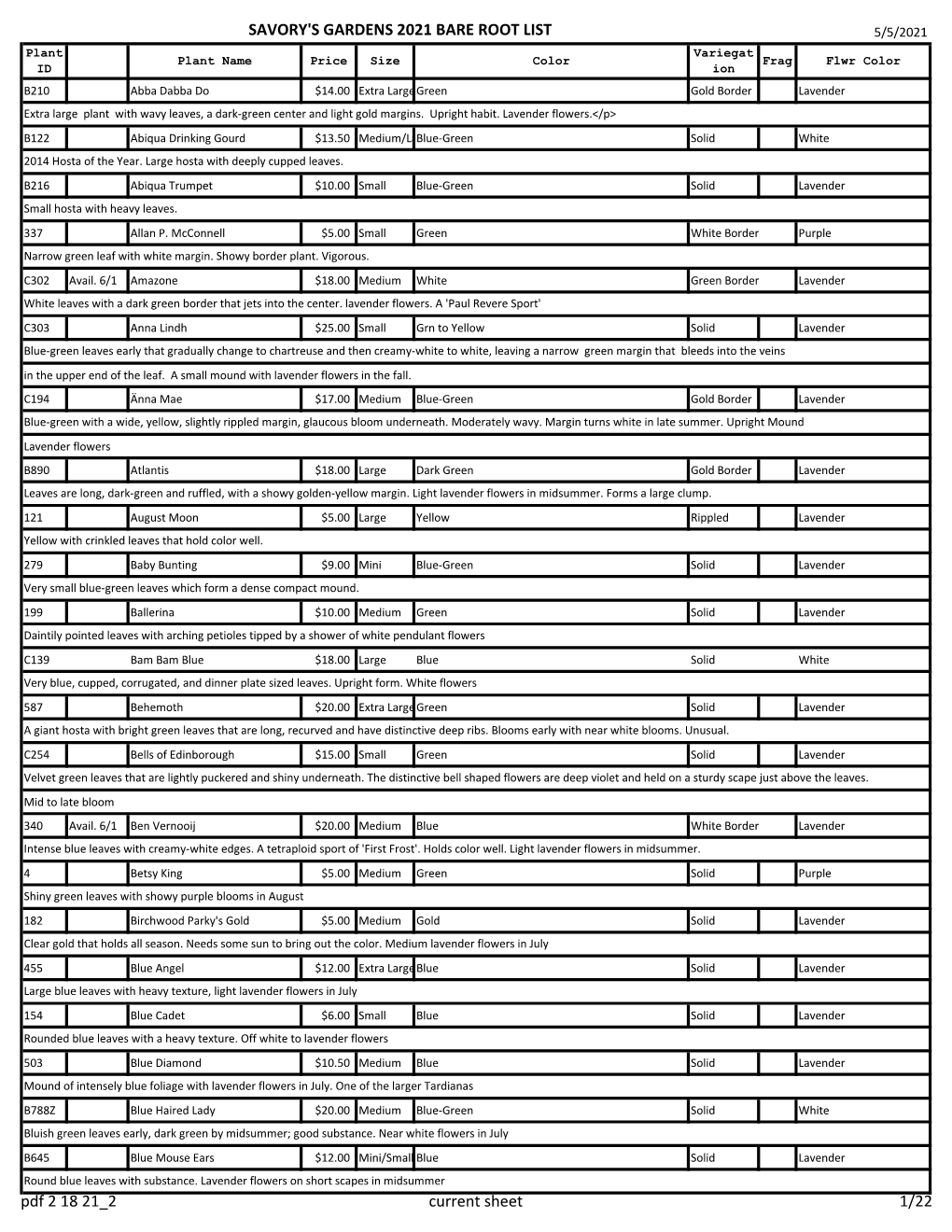 SAVORY's GARDENS 2021 BARE ROOT LIST Pdf 2 18 21 2 Current