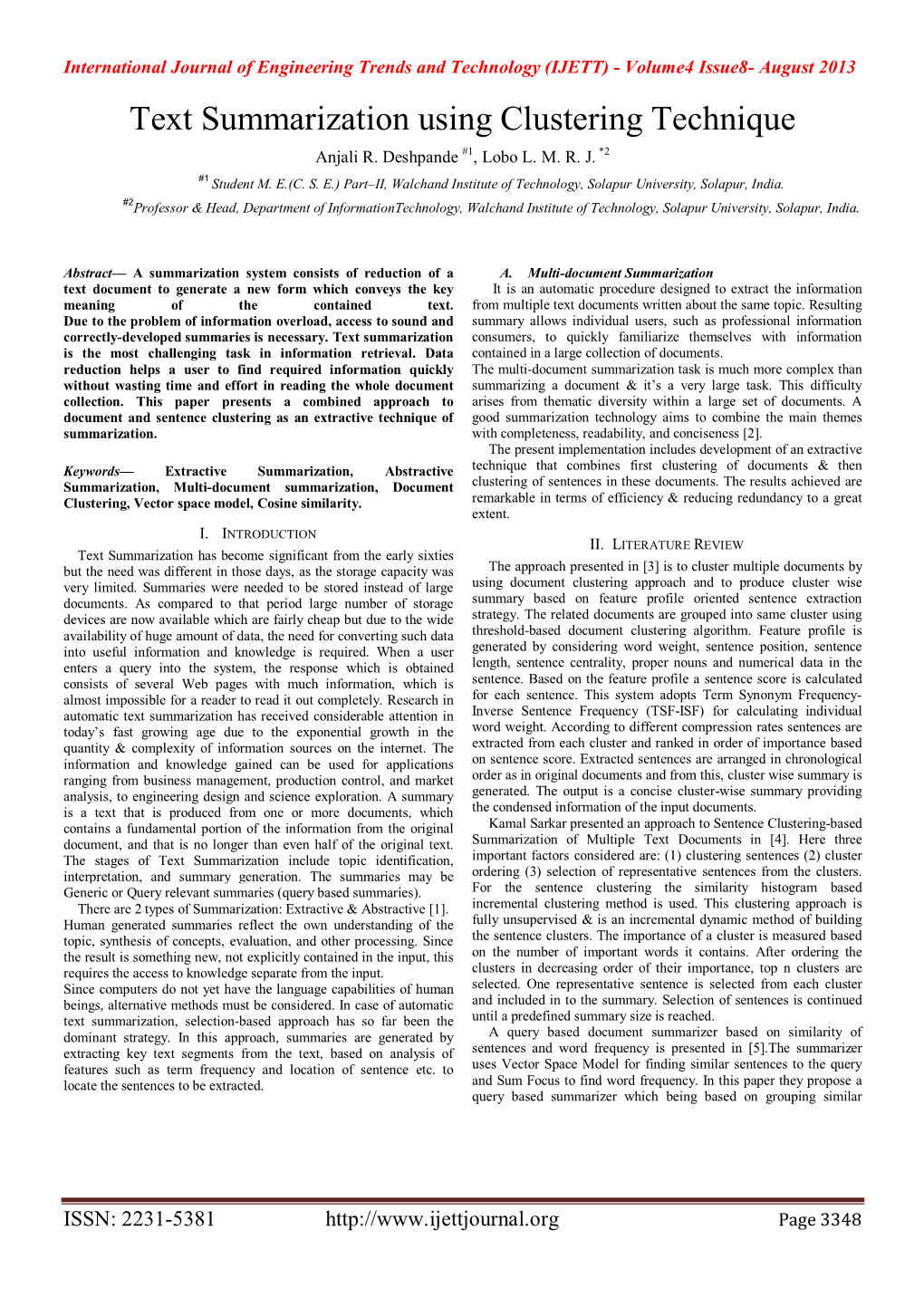 Text Summarization Using Clustering Technique Anjali R