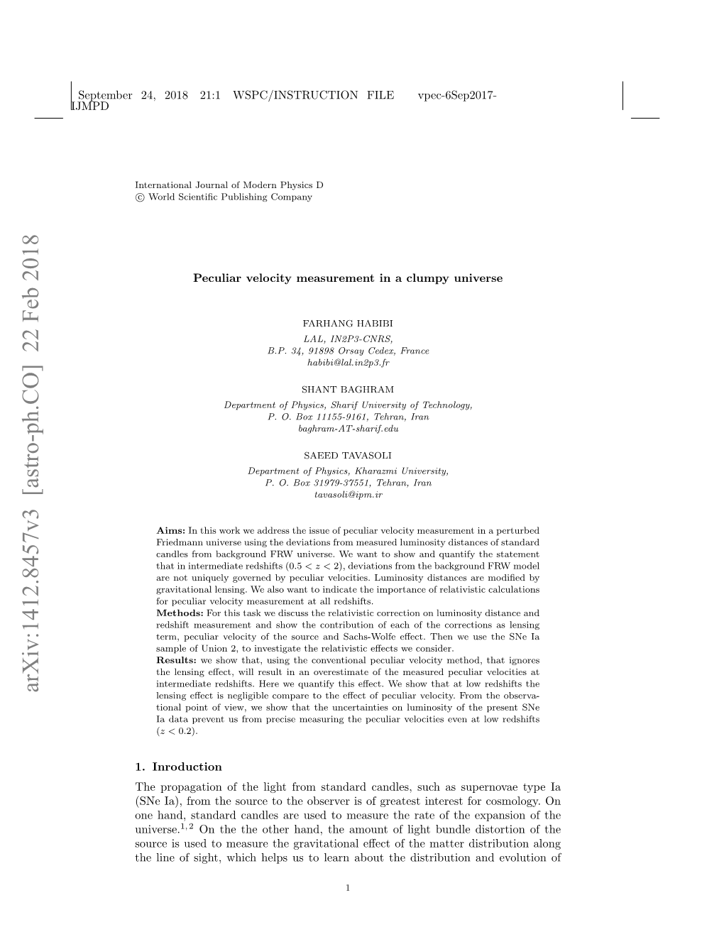 Arxiv:1412.8457V3 [Astro-Ph.CO] 22 Feb 2018 Lensing Eﬀect Is Negligible Compare to the Eﬀect of Peculiar Velocity