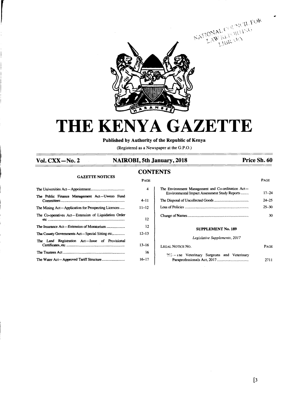 THE KENYA GAZETTE Published by Authority of the Republic of Kenya (Registered As a Newspaper at the G.P.O.)