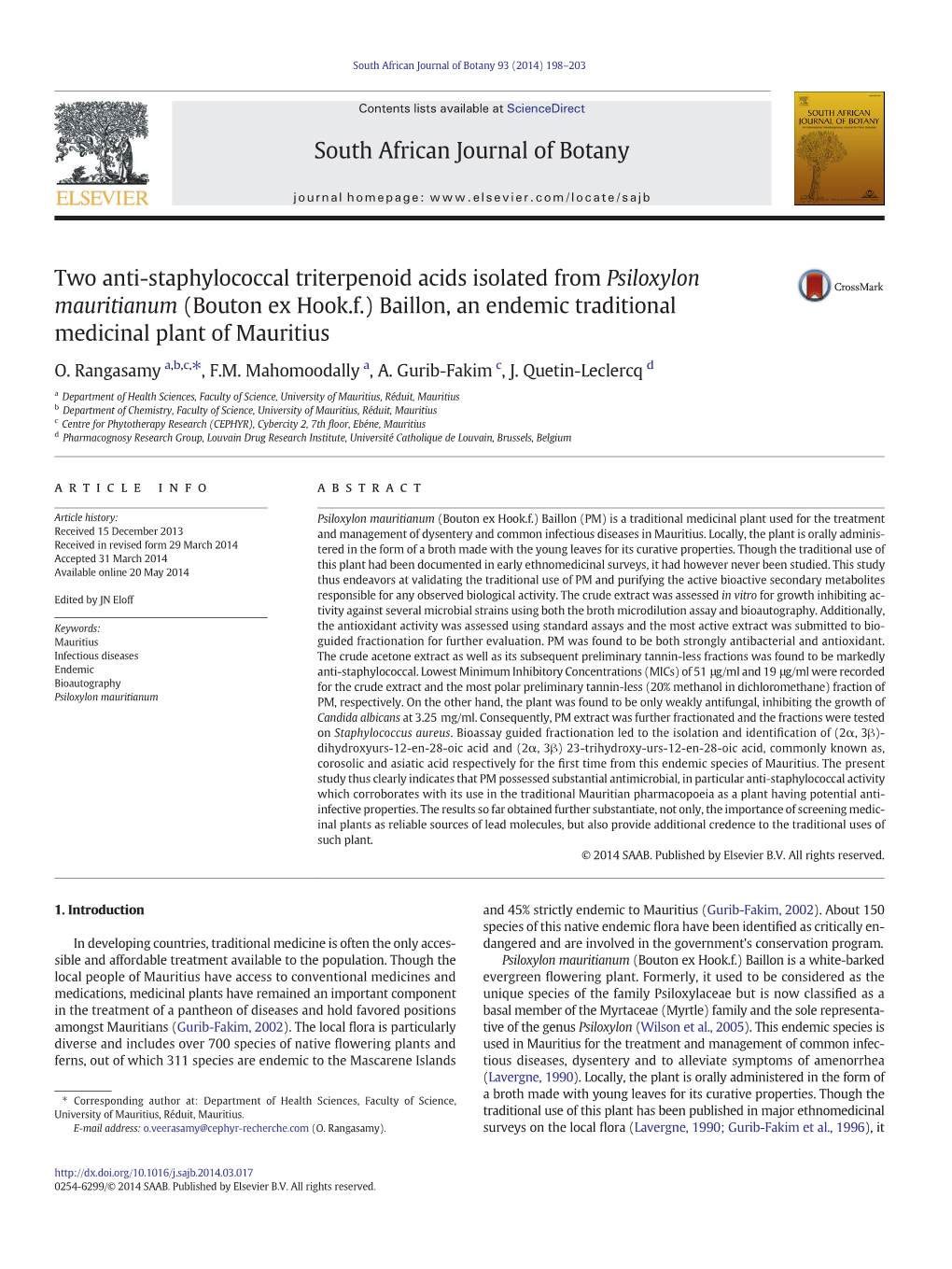 Two Anti-Staphylococcal Triterpenoid Acids Isolated from Psiloxylon Mauritianum (Bouton Ex Hook.F.) Baillon, an Endemic Traditional Medicinal Plant of Mauritius