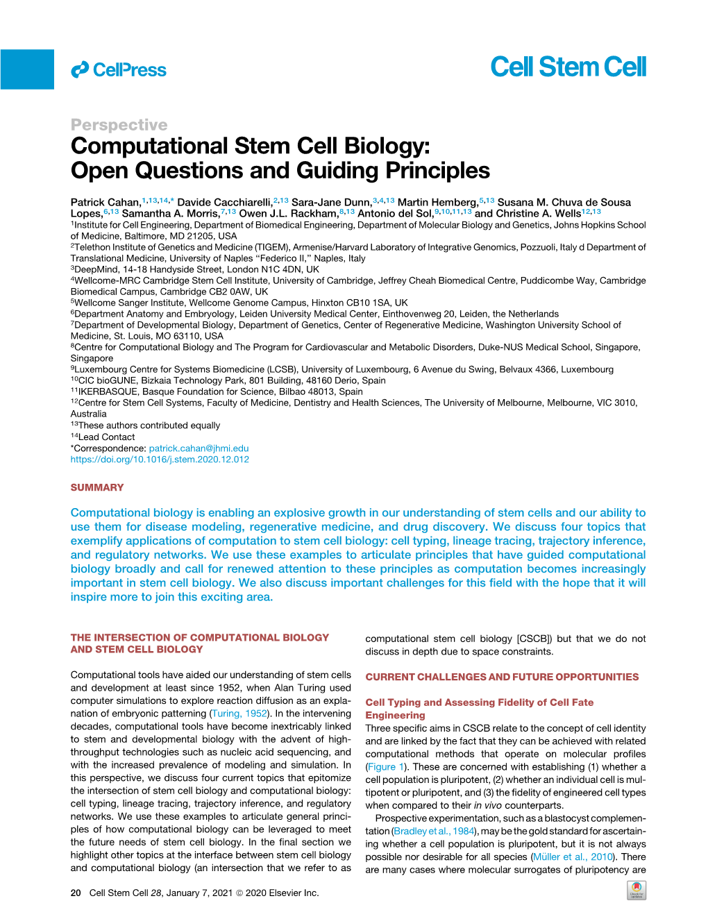 Computational Stem Cell Biology: Open Questions and Guiding Principles