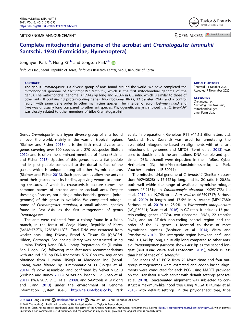 Complete Mitochondrial Genome of the Acrobat Ant Crematogaster Teranishii Santschi, 1930 (Formicidae; Hymenoptera)