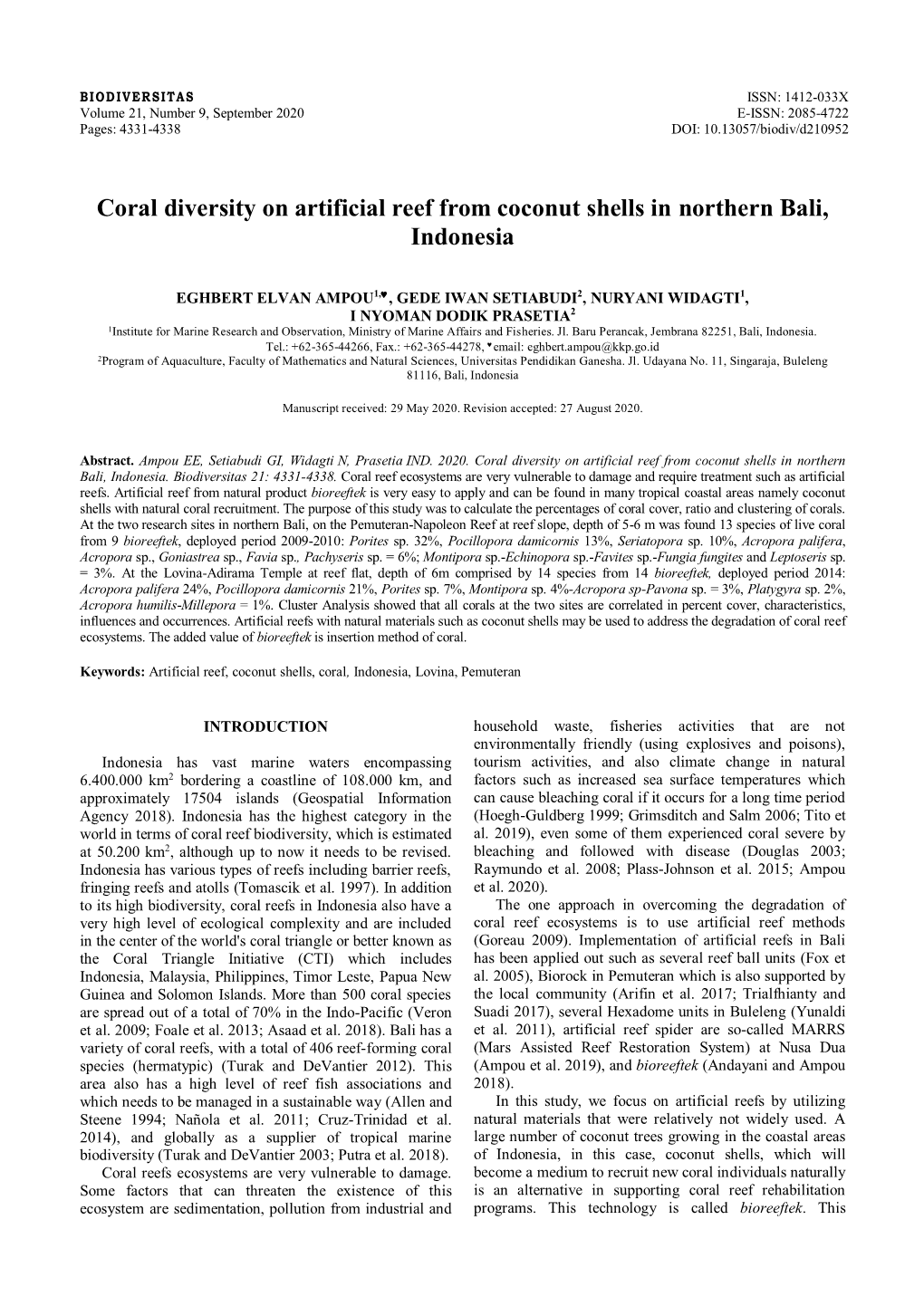 Coral Diversity on Artificial Reef from Coconut Shells in Northern Bali, Indonesia