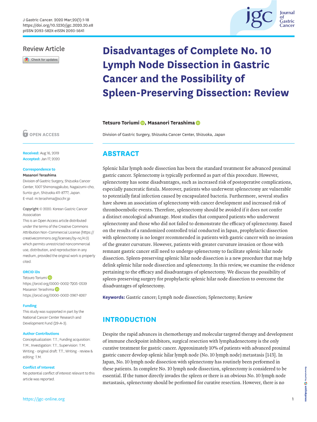 Disadvantages of Complete No. 10 Lymph Node Dissection in Gastric Cancer and the Possibility of Spleen-Preserving Dissection: Review