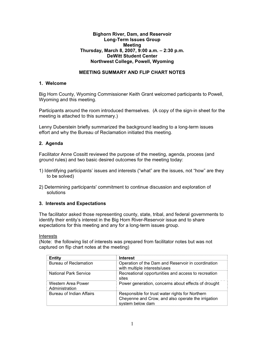 Bighorn River, Dam, and Reservoir Long-Term Issues Group Meeting Thursday, March 8, 2007, 9:00 A.M